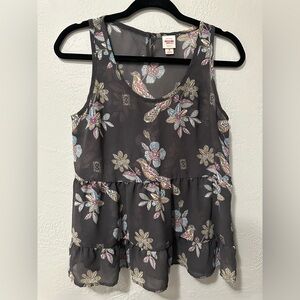 Mossimo Supply Co. Floral Bird Pattern Sleeveless Sheer Peplum Ruffle Tank Top